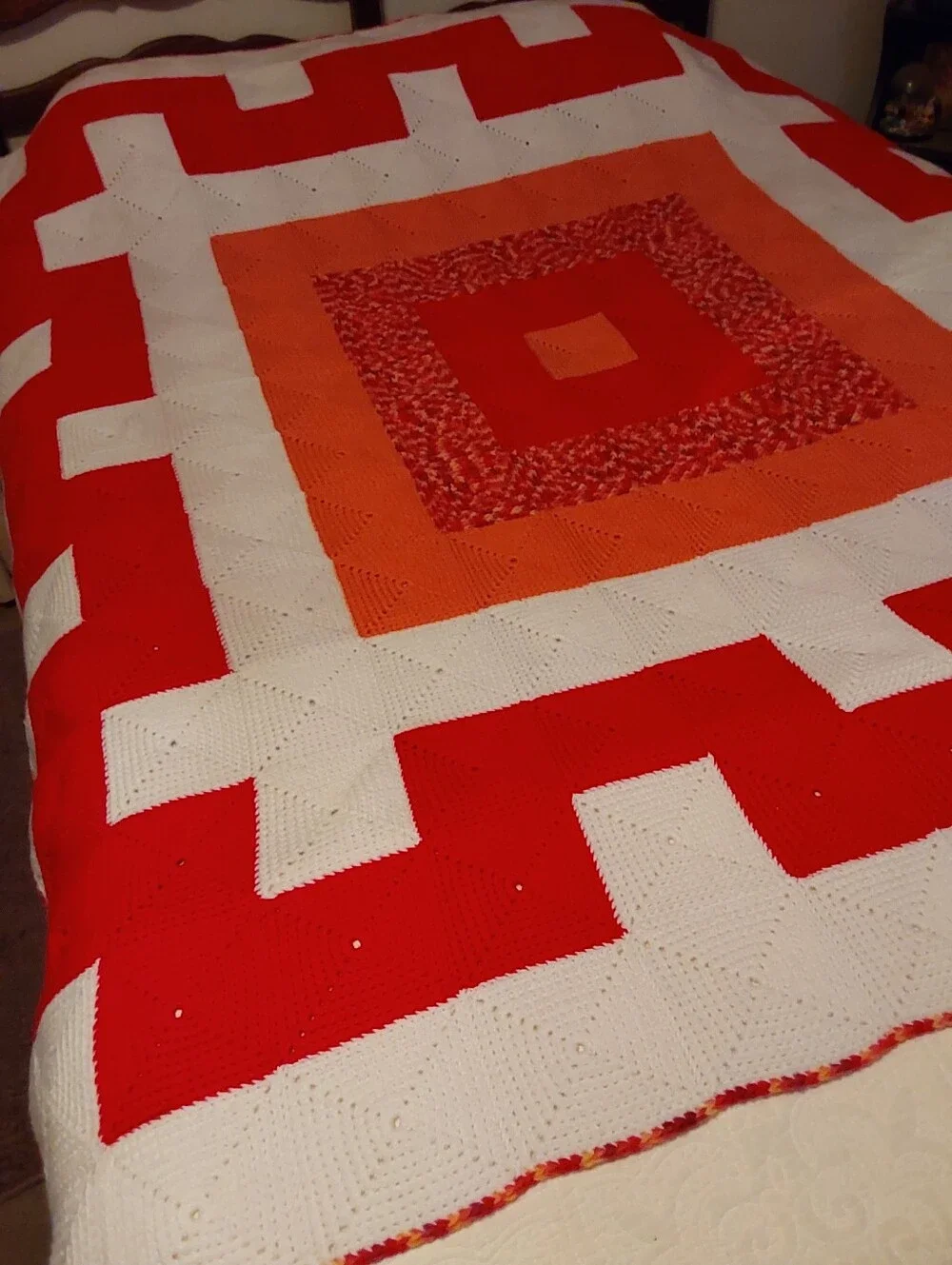 🌺 NEW Handmade Orange, Red & White Geometric Afgan/Bedspread